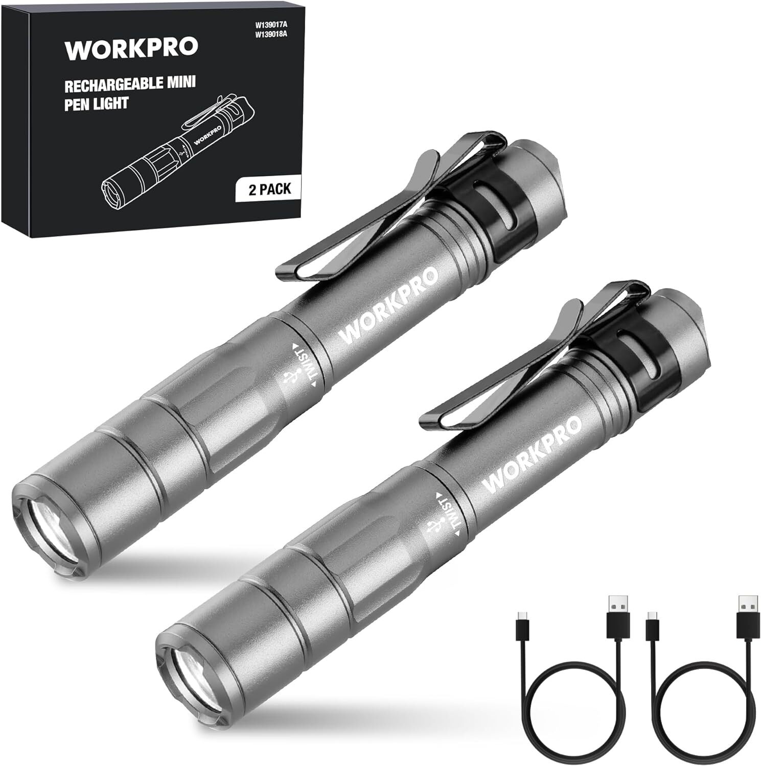 WORKPRO 2PCS Rechargeable Pen Light Mini Flashlight Ultra-Compact EDC Flashlight