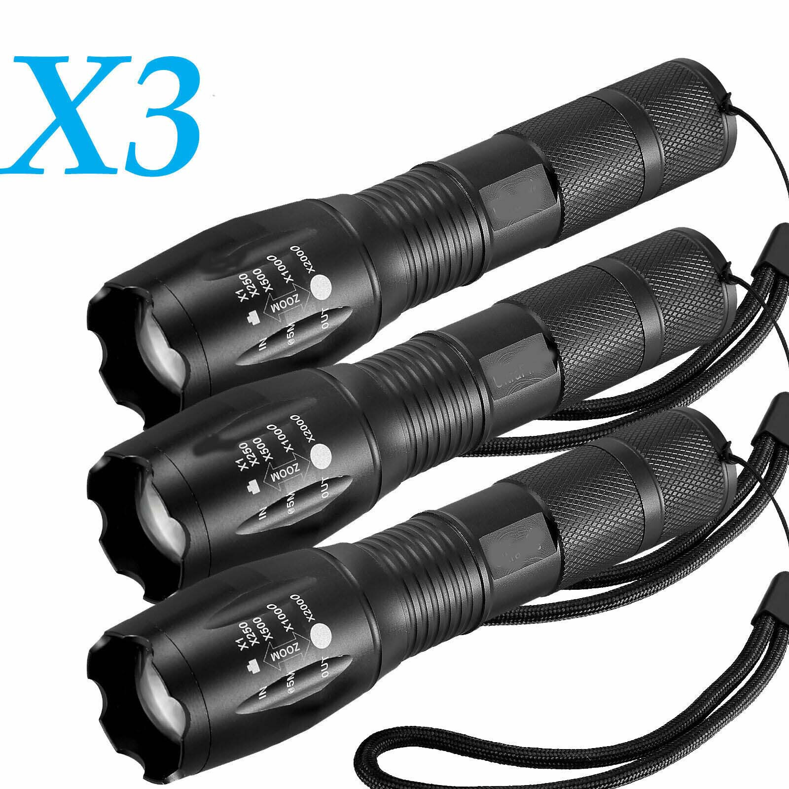 3 x Tactical 18650 Flashlight High Powered 5Modes Zoomable Aluminum