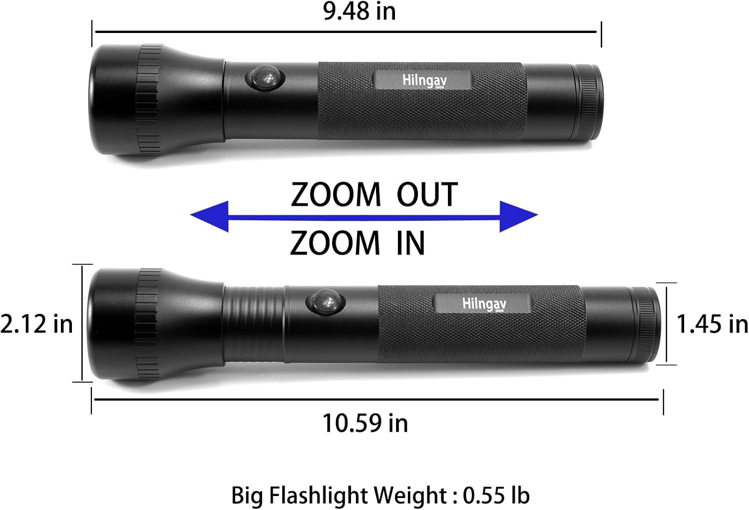 Heavy Duty 2-Cell D Battery LED Big Flashlights, Zoomable Single Mode Aluminum A