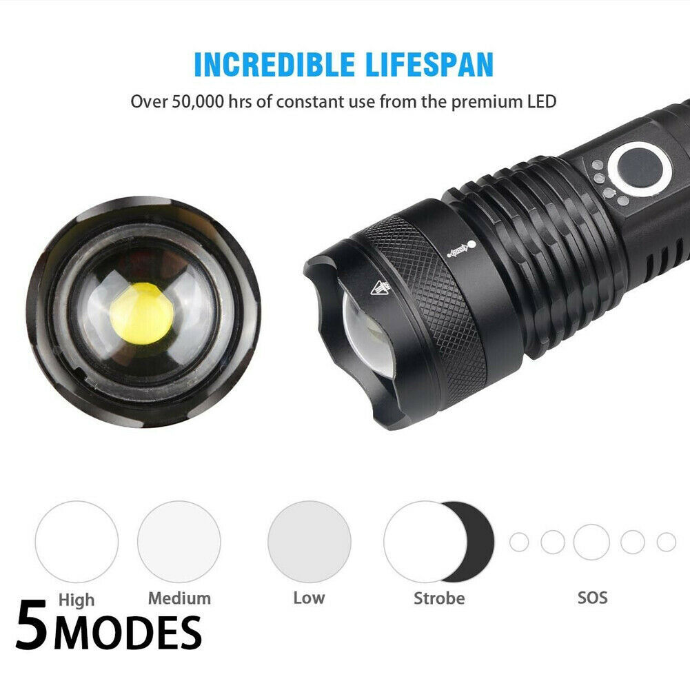 990000LM High Lumens Flashlight Super Bright Rechargeable Zoom Torch Waterproof