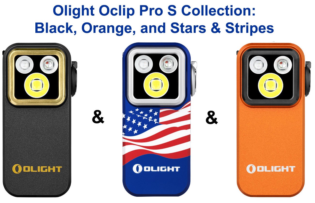 Olight Oclip Pro S EDC Clip Flashlights: Black, Orange, and Stars & Stripes Edit
