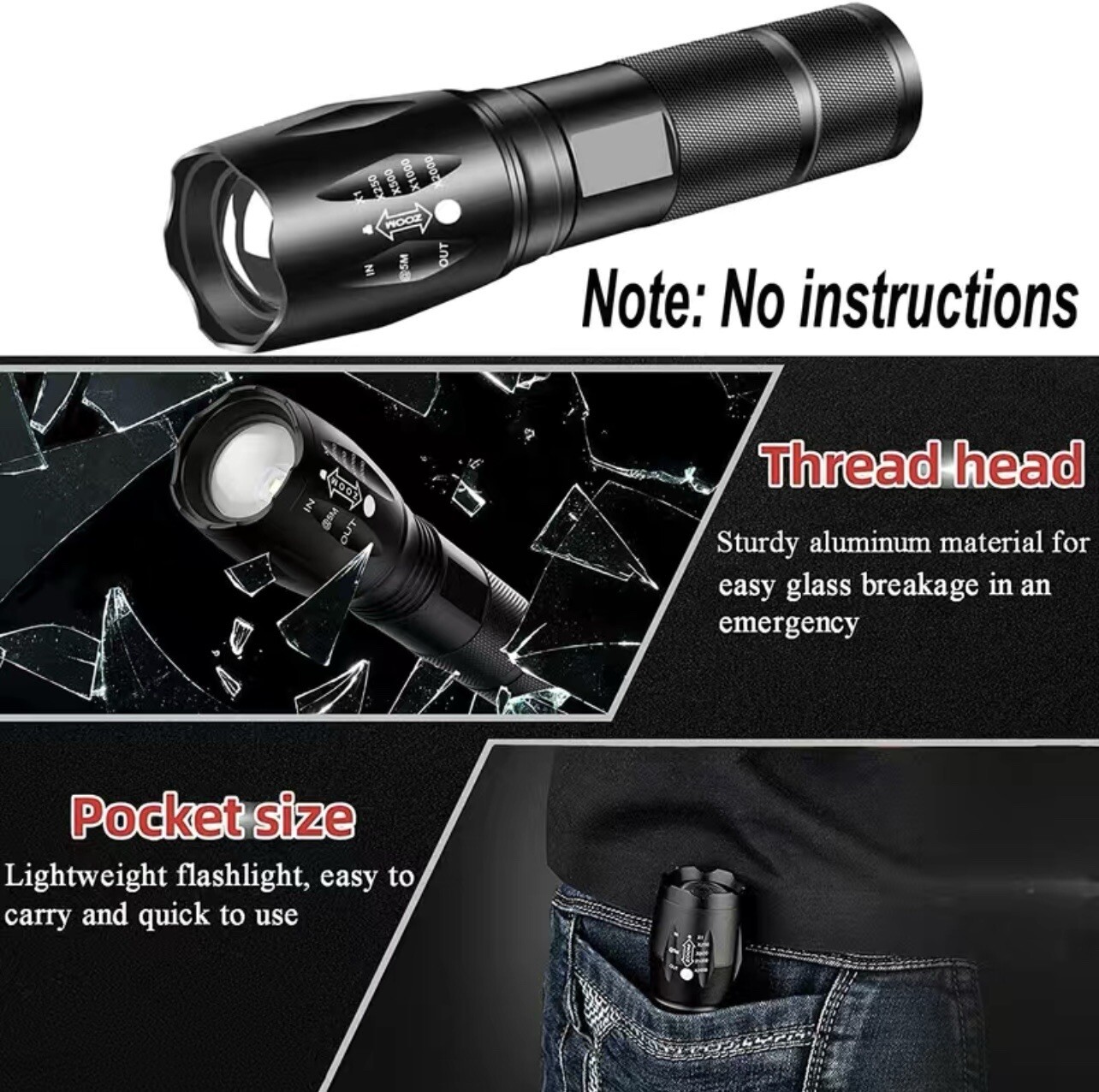 LED Flashlight Metal Finish IPX6 Waterproof , 2pack