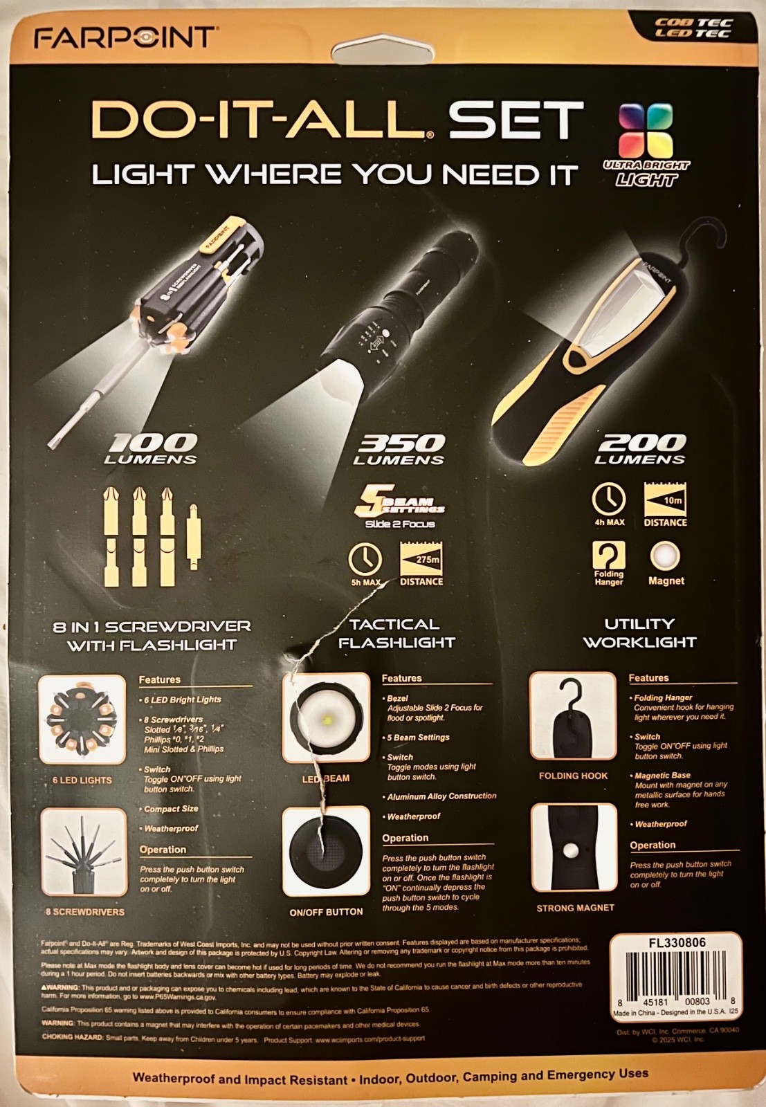 Do-It-All Set: 8 In 1 Screwdriver,Tactical Flashlight, Utility Worklight LED New