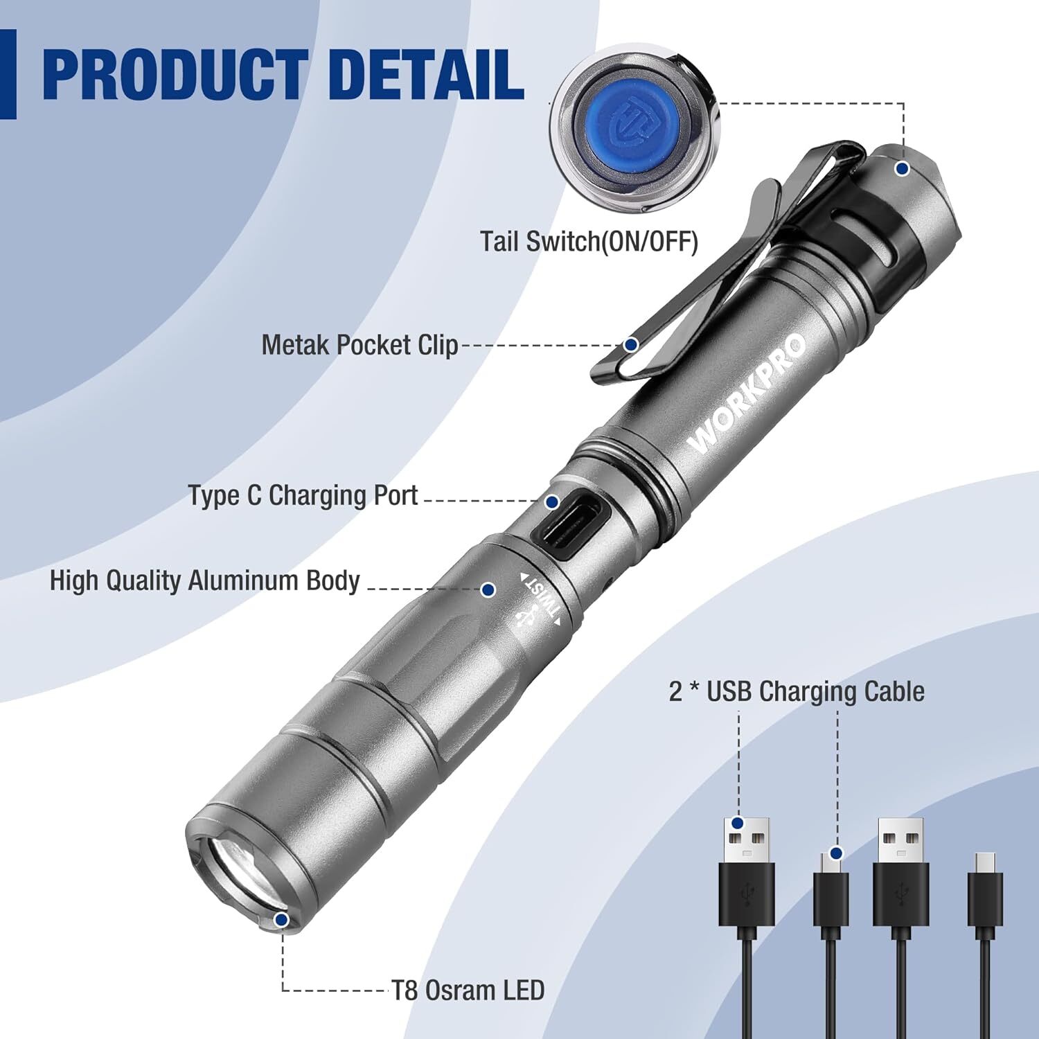 WORKPRO 2PCS Rechargeable Pen Light Mini Flashlight Ultra-Compact EDC Flashlight