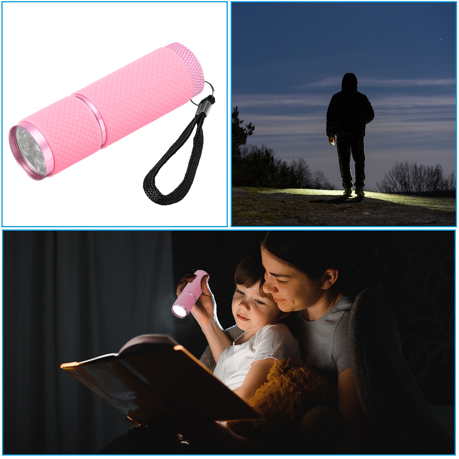 2Pcs 9 LED Glow in Dark Flashlights Mini Aluminum Rubber Coated Flashlight Pink