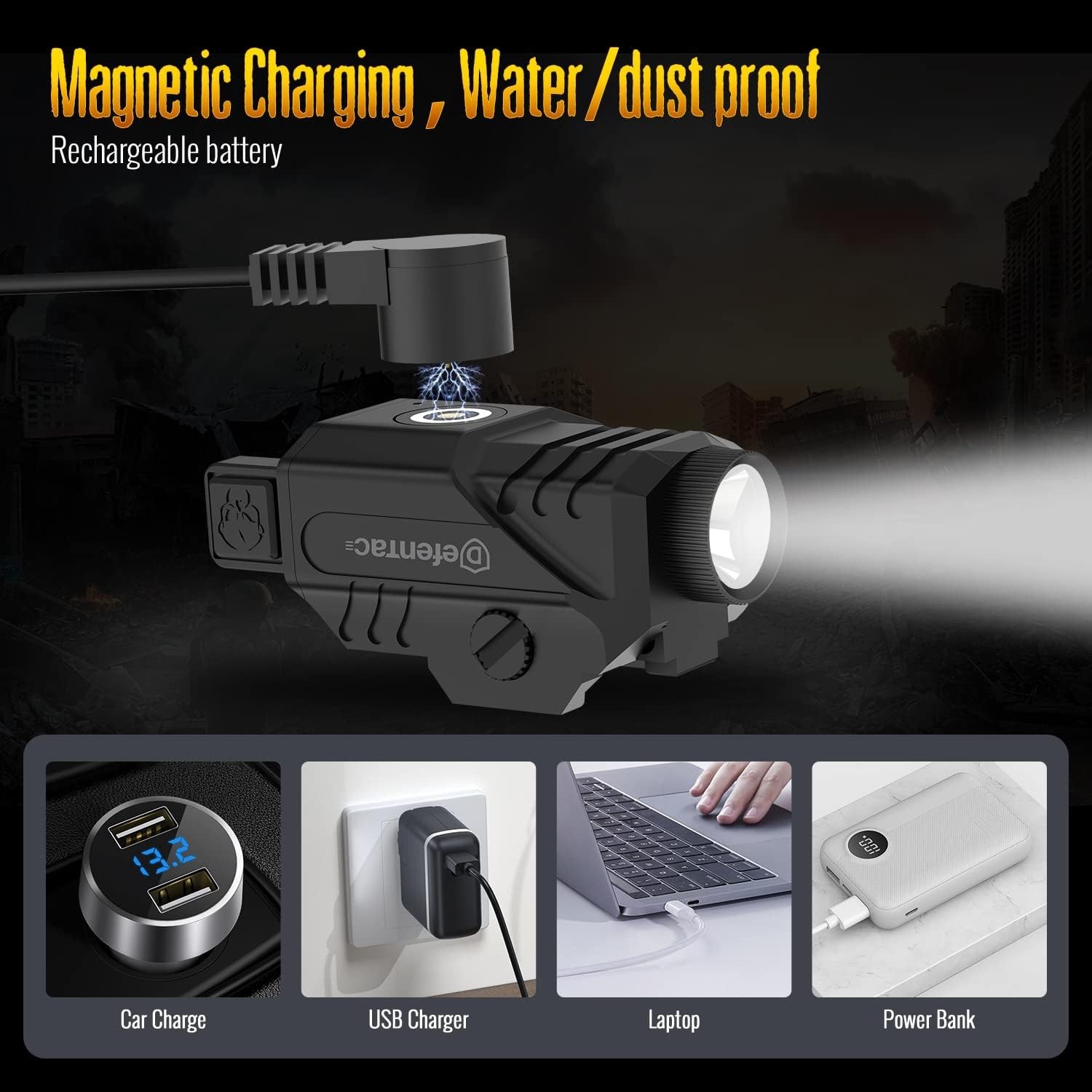 DEFENTAC 600 Lumens Pistol Light Megnetic Rechargeable Flashlight for Pica Rail