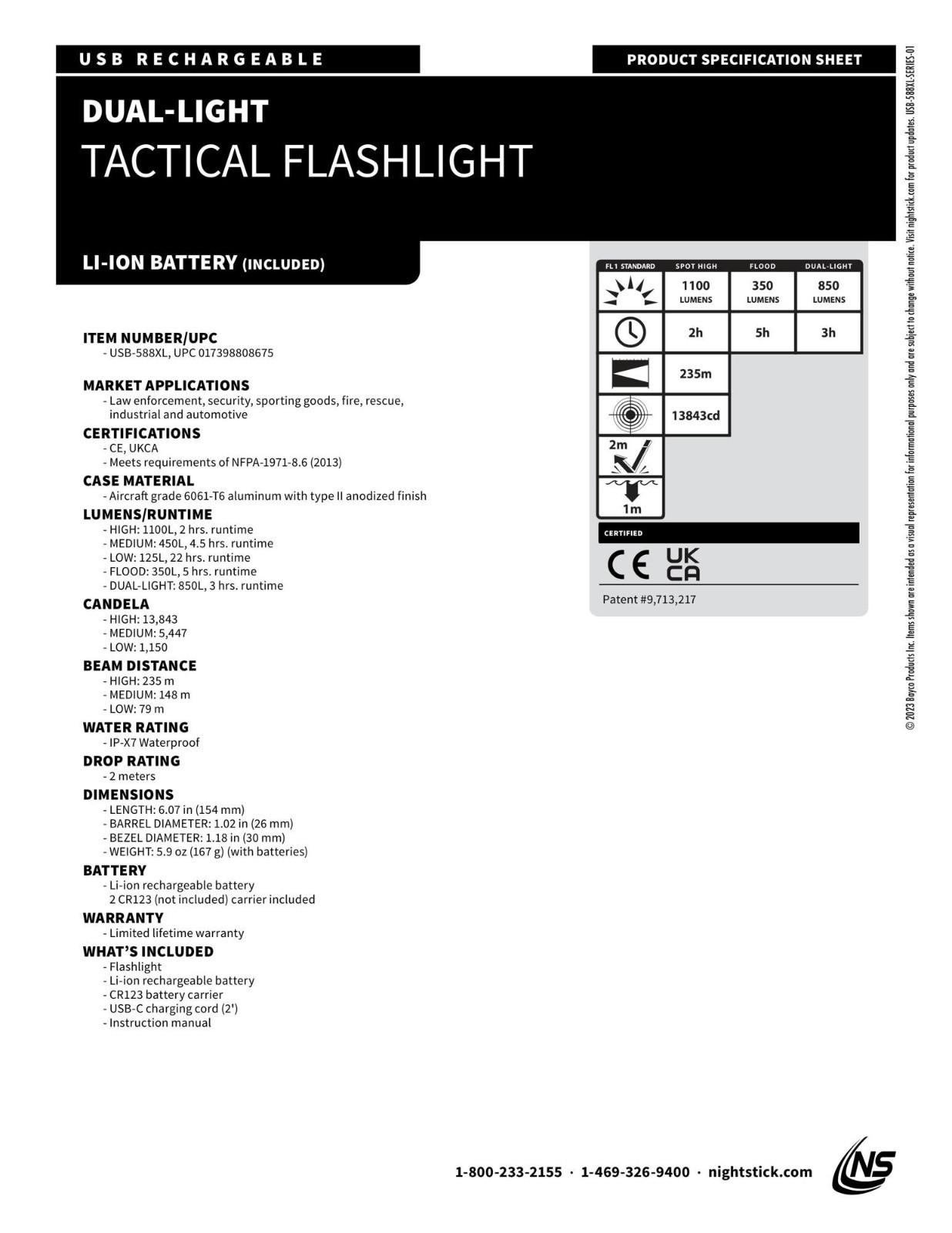 FLASHLIGHT(s) Nightstick PN: USB-588XL USB Dual-Light Tactical Flashlight, 1,100