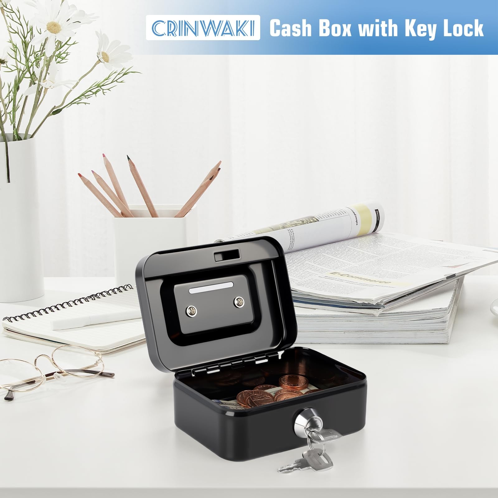 Small Cash Box With Lock Money Slot Mini Portable Coin Box Black 4.5×3.4×2.4 In