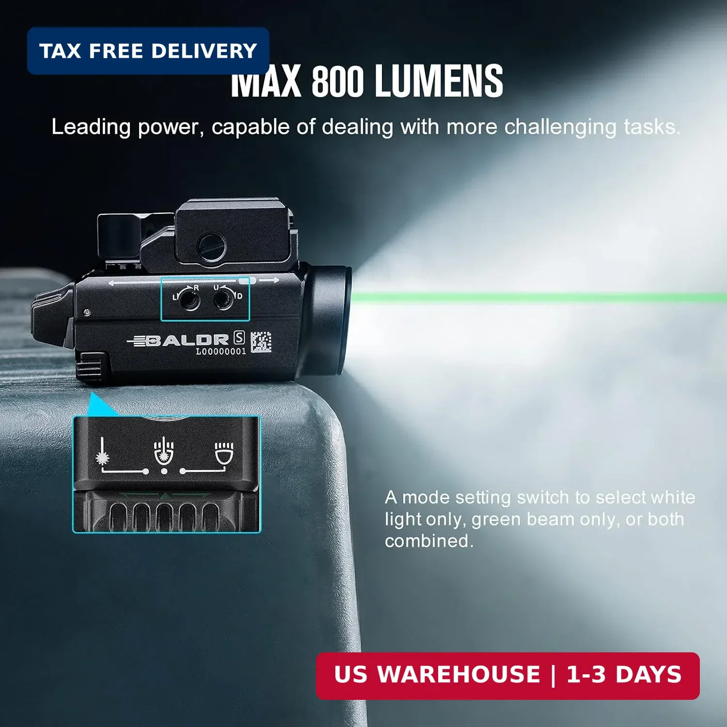 OLIGHT Baldr S 800 Lumens Compact Rail Mount Weaponlight with Green Beam and Whi