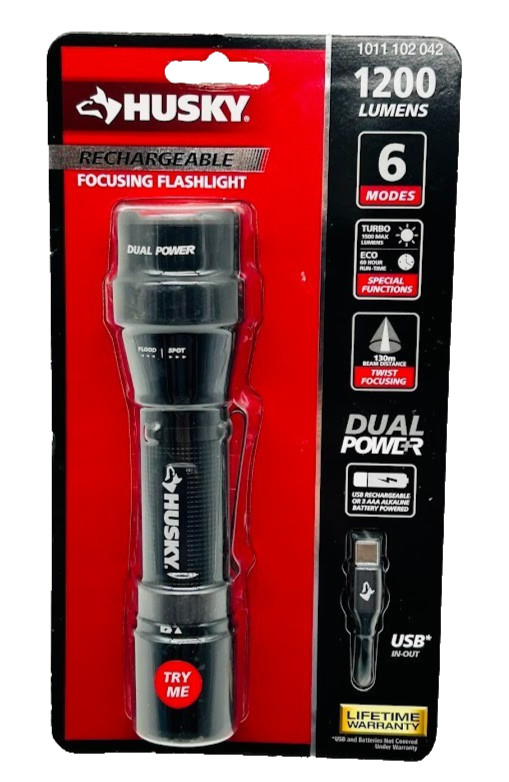 Husky 1200 Lumens Dual Power LED Rechargeable Focusing Flashlight