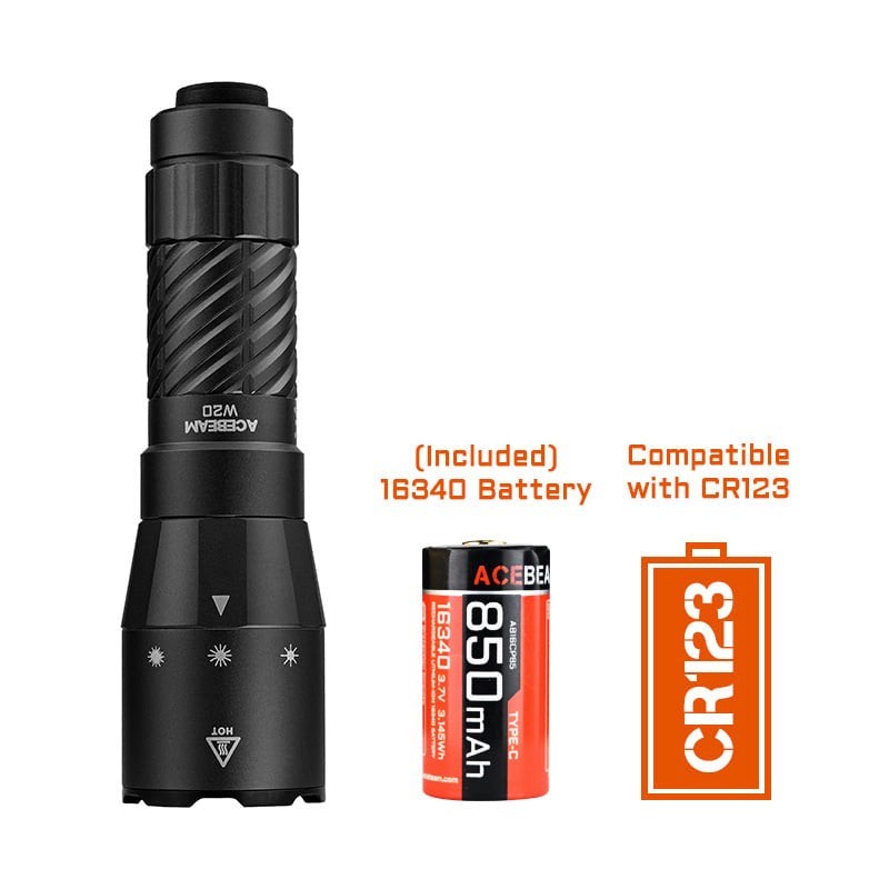 Acebeam W20 LEP Tactical Flashlight 600 Lumen 1100m Throw Wide Angle Spill