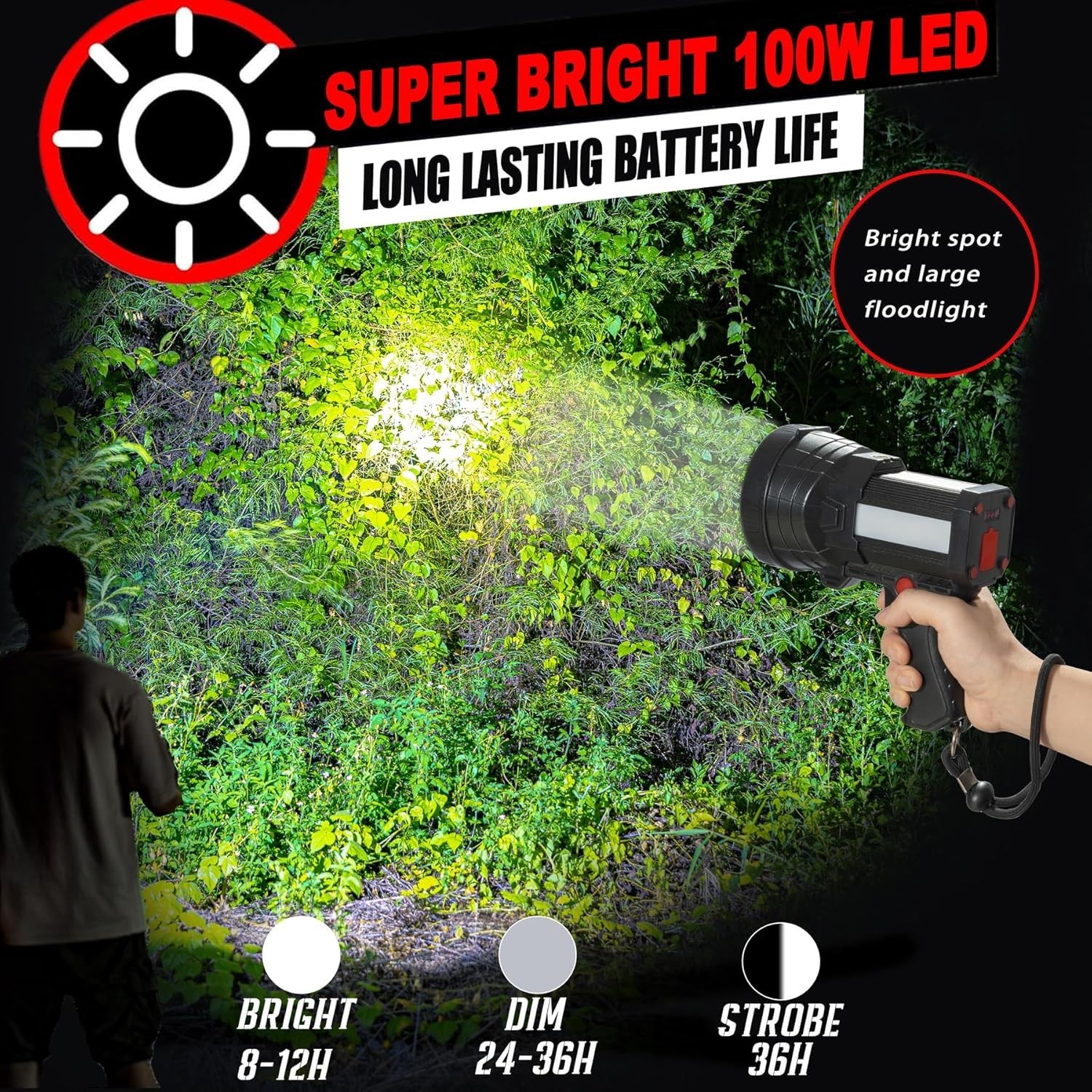 Powerful Waterproof Spotlight with COB Light and Tripod – 20 Hours Runtime