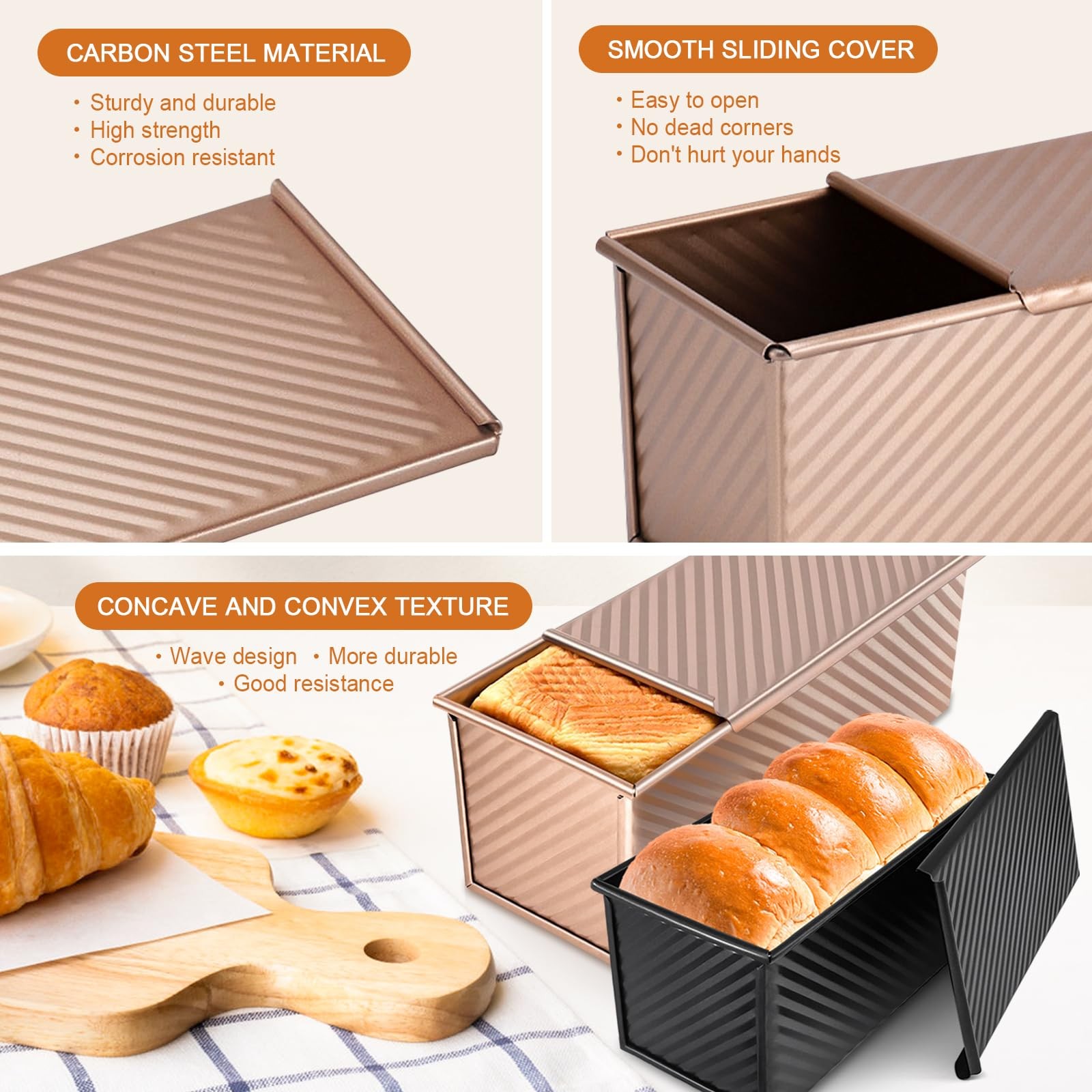 Dipanist 2Pack Pullman Loaf Pans with Lids 2.2LB & 1LB (2-Pack), Gold & Black
