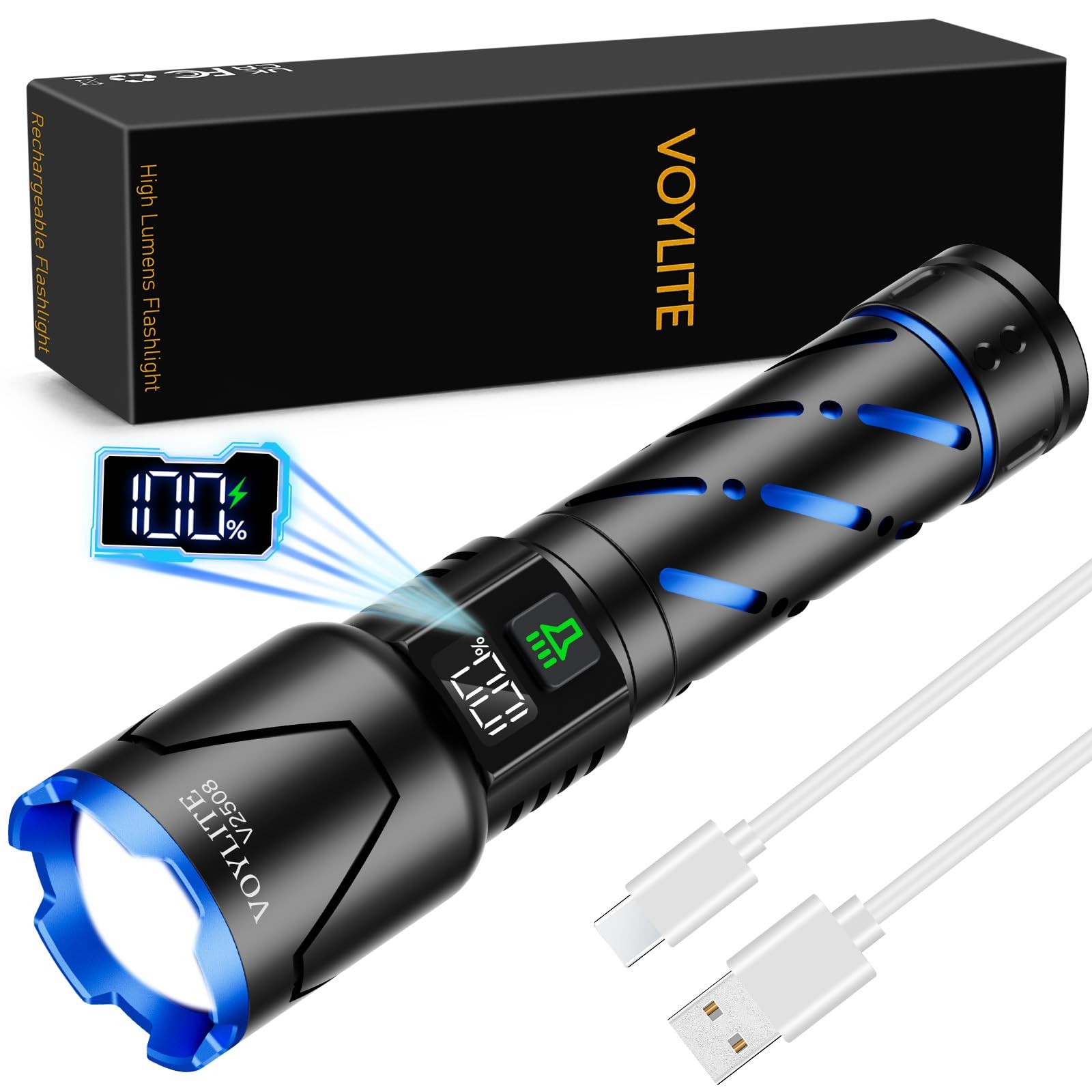 Best Rechargeable Flashlights High Lumens – 100000 LM 5000mAh Battery with LCD
