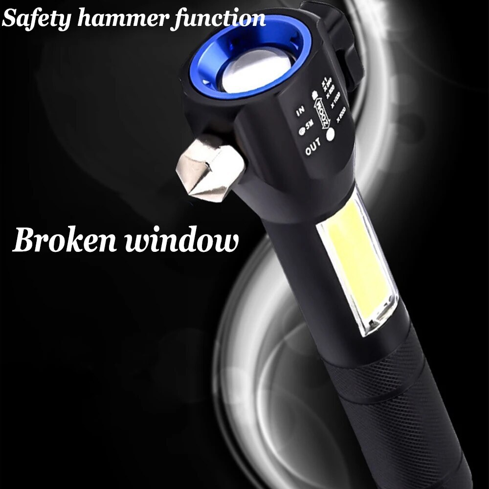 Multifunctional 4 in 1 Self-defense Flashlight Powerful LED+COB Waterproof