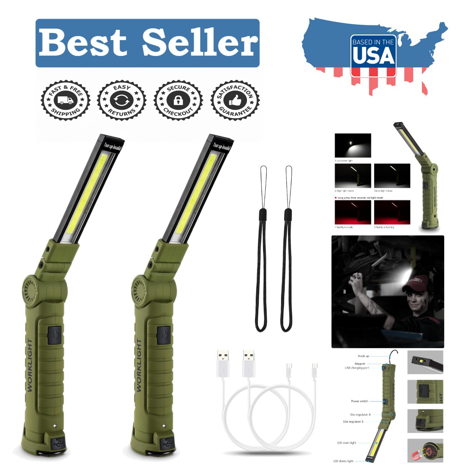 Rechargeable 1000 Lumens LED Work Light Set – 5 Modes & Hands-Free Magnet Base
