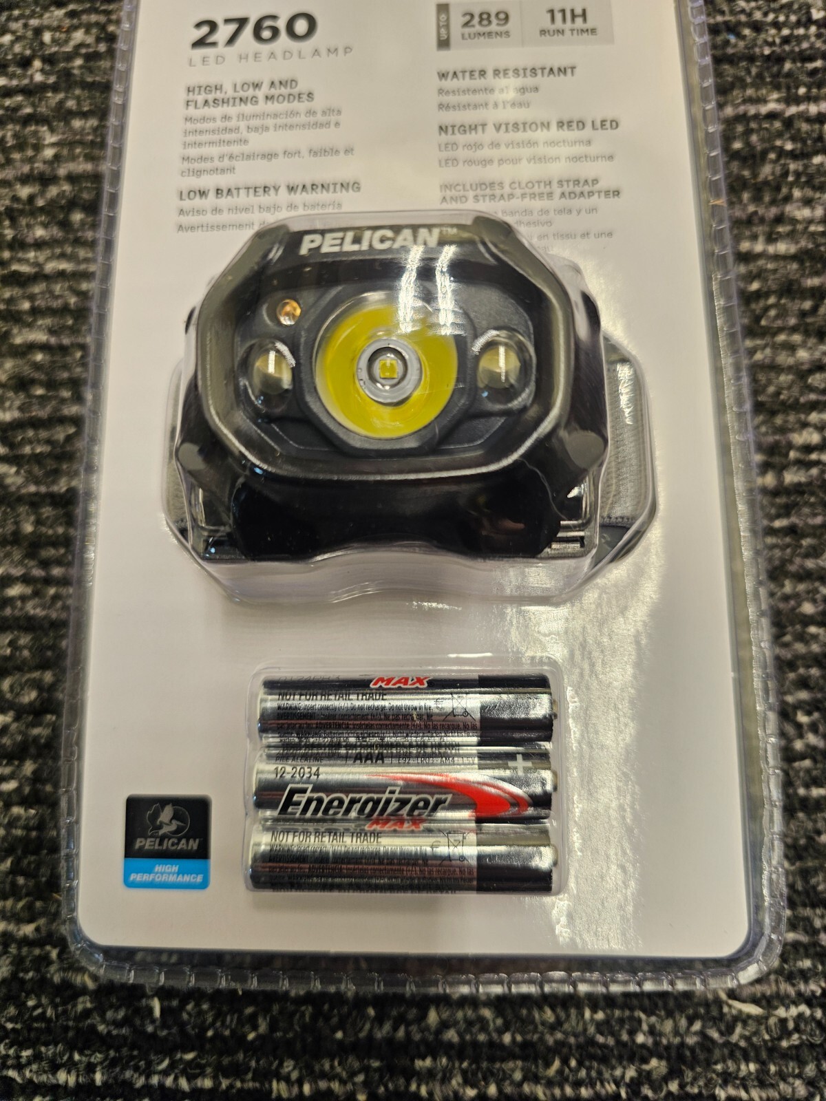 Pelican 2760 LED Headlamp 3 Modes 289 Lumens Night Vision Red Head Light Black