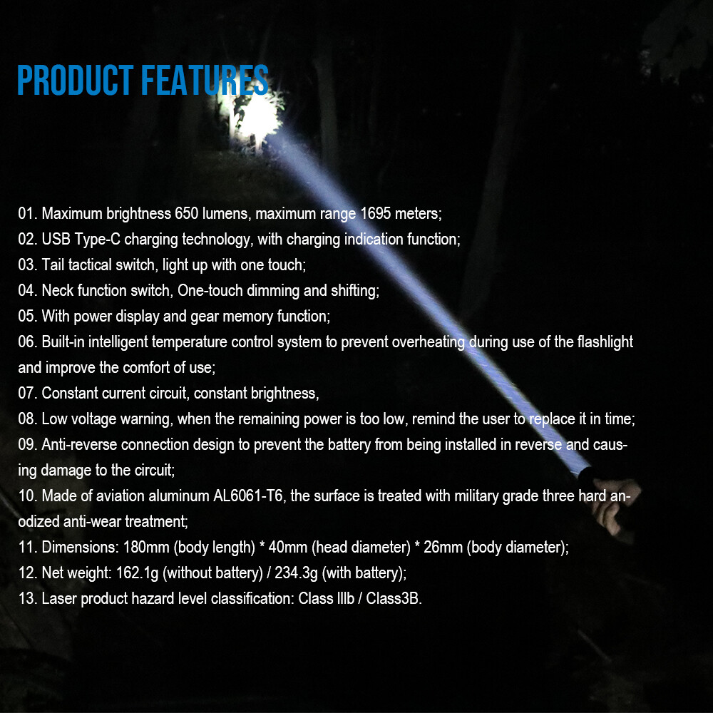 Trustfire T45R White Laser 1695Meter Range Tactical LEP Flashlight 650LM Bright