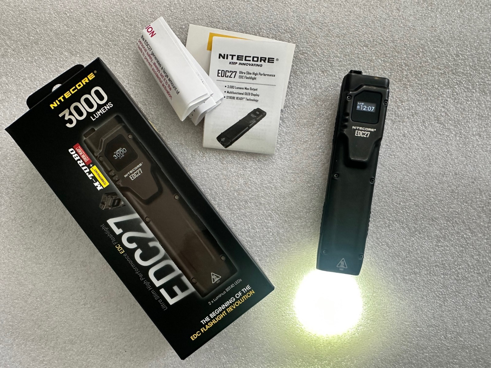 NiteCore EDC27 3,000 Lumen Rechargeable Flashlight with charger