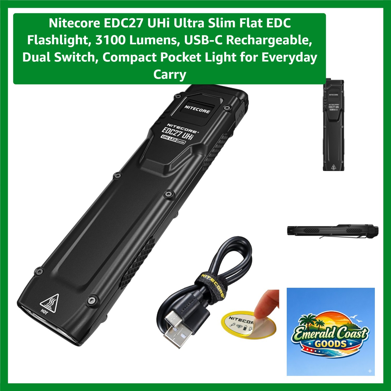 UHi Ultra Slim EDC Flashlight – 3100 Lumens, USB-C Rechargeable, Compact Design