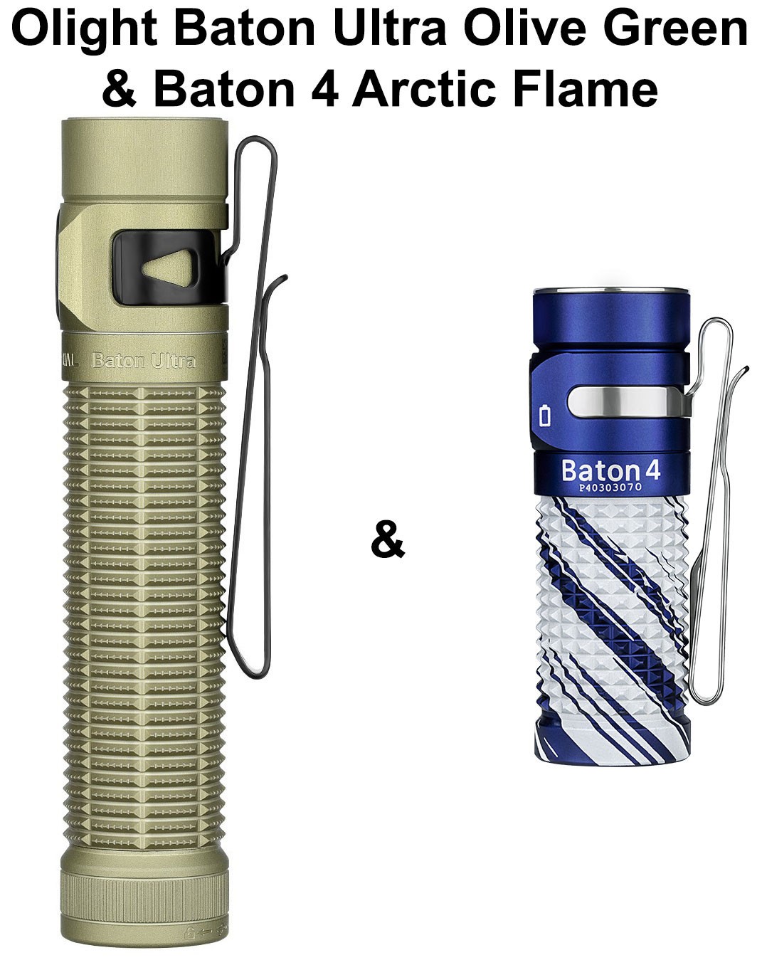 Olight Baton Ultra Olive Green 1800 Lumens & Baton 4 Arctic Flame 1300 Lumens