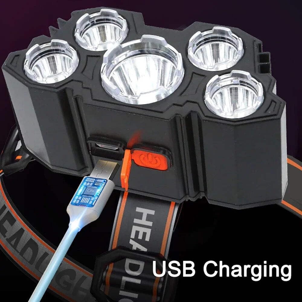 Headlamp 5 LED Flashlight Rechargeable with Built in Battery Strong Head Light