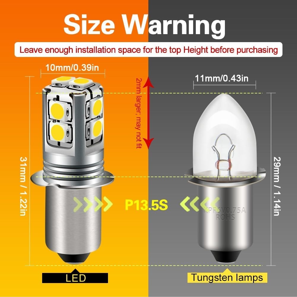White P13.5S LED Flashlight Bulb, 6-40V Universal Upgrade 6V/9V/12V/18V/19.2V…