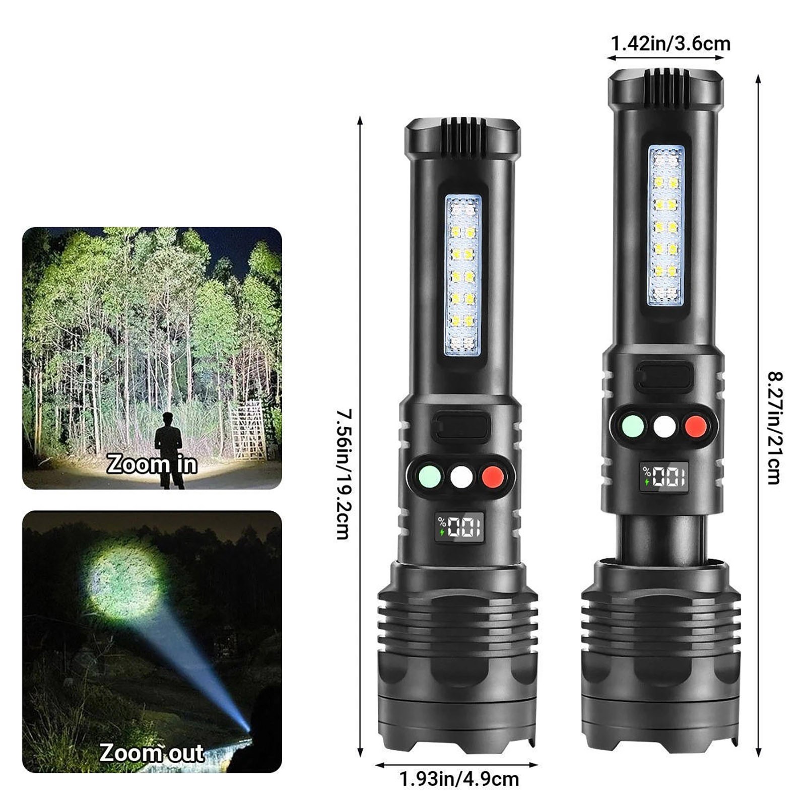 Rechargeable LED Flashlight 3 Color Modes Red Green White 300 Lumen Type C