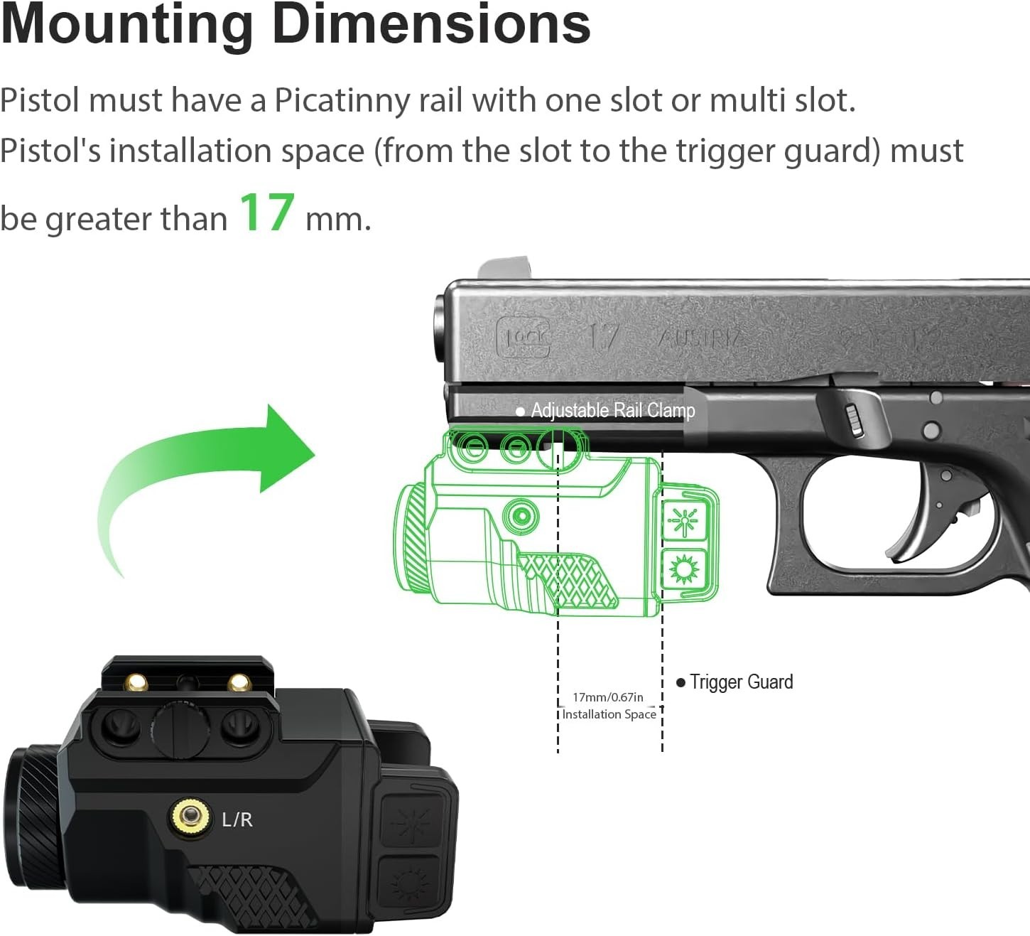 Mini 700 Lumen Pistol Light Laser Combo Green Beam Magnetic Rechargeable 1pc