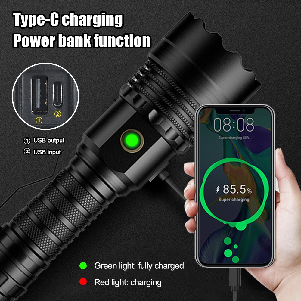 5000 Lumens 4 Core White Laser LED Flashlight USB Rechargeable Zoomable Torch