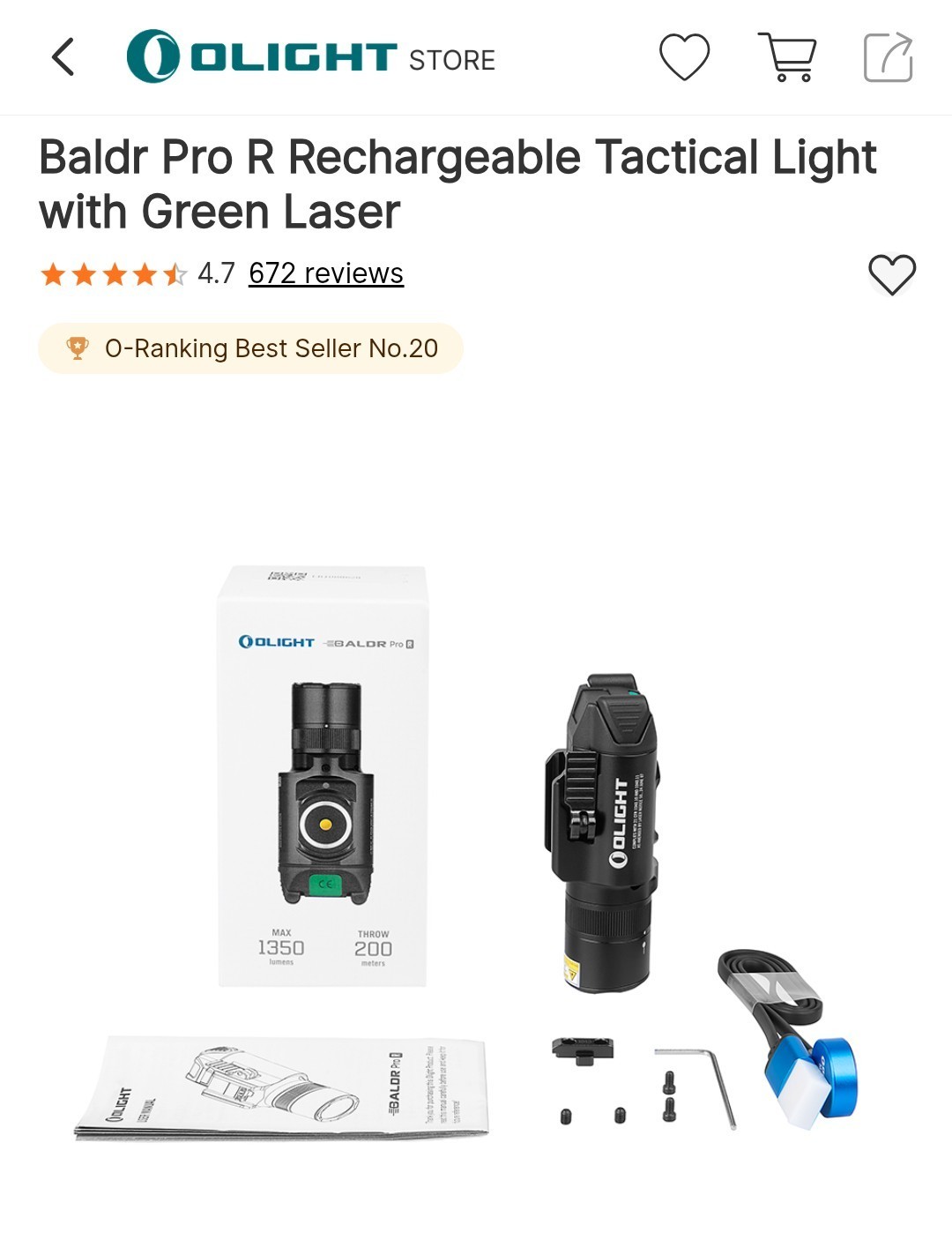 Olight Baldr Pro R Rechargeable Light w/LED & Green Laser, 1350 Lumens