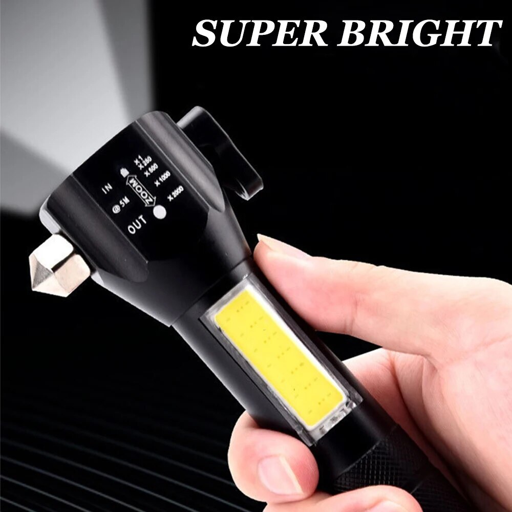 Multifunctional 4 in 1 Self-defense Flashlight Powerful LED+COB Waterproof