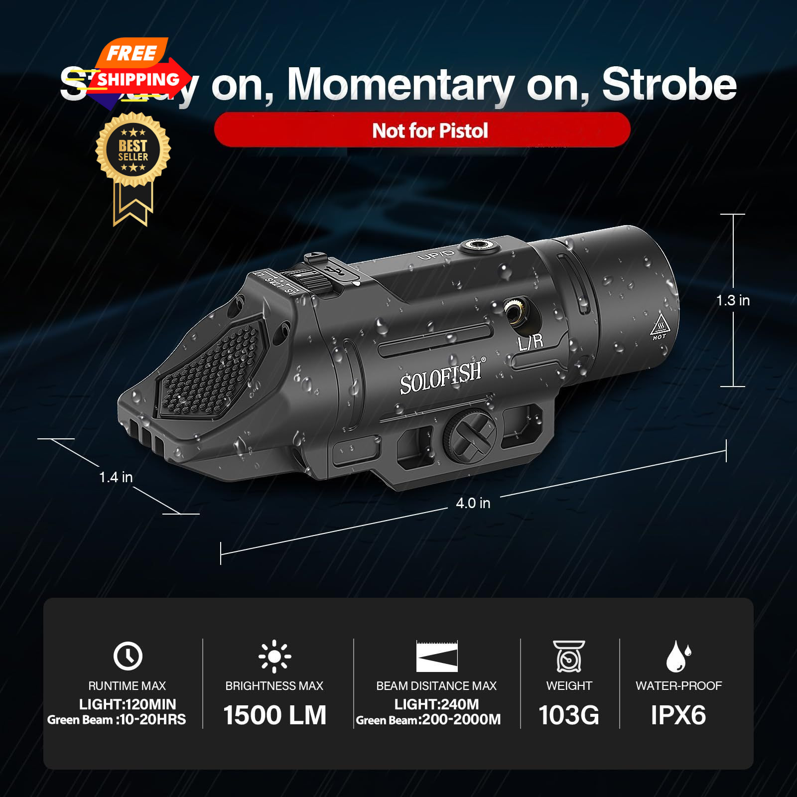 Solofish 1500lm Slidable Tactical Flashlight with Green Beam