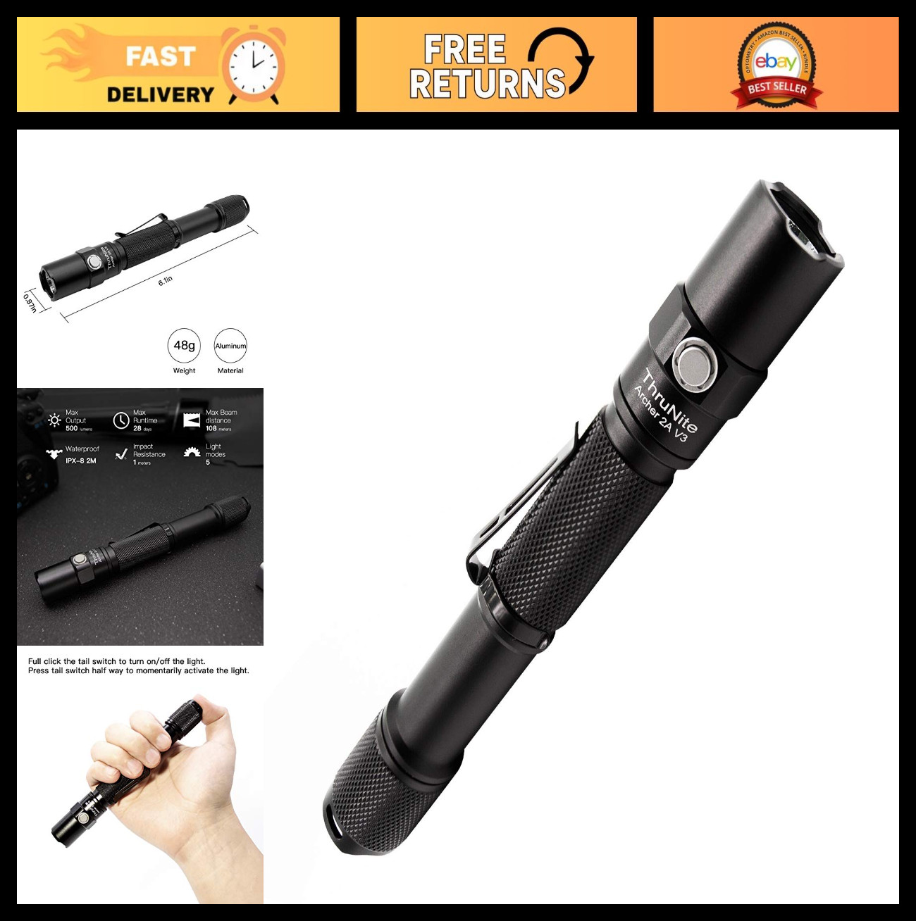 500 Lumens Tactical EDC Flashlight, 2AA Dual Switch LED for Camping & Emergency