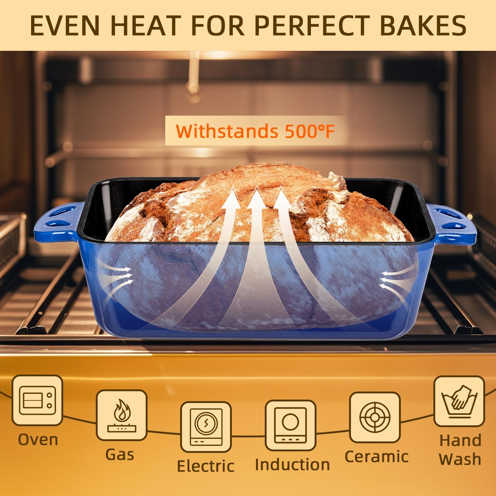 AILITOR 9×5 Enameled Cast Iron Loaf Pan with Lid – 2 in 1 Inch, Blue