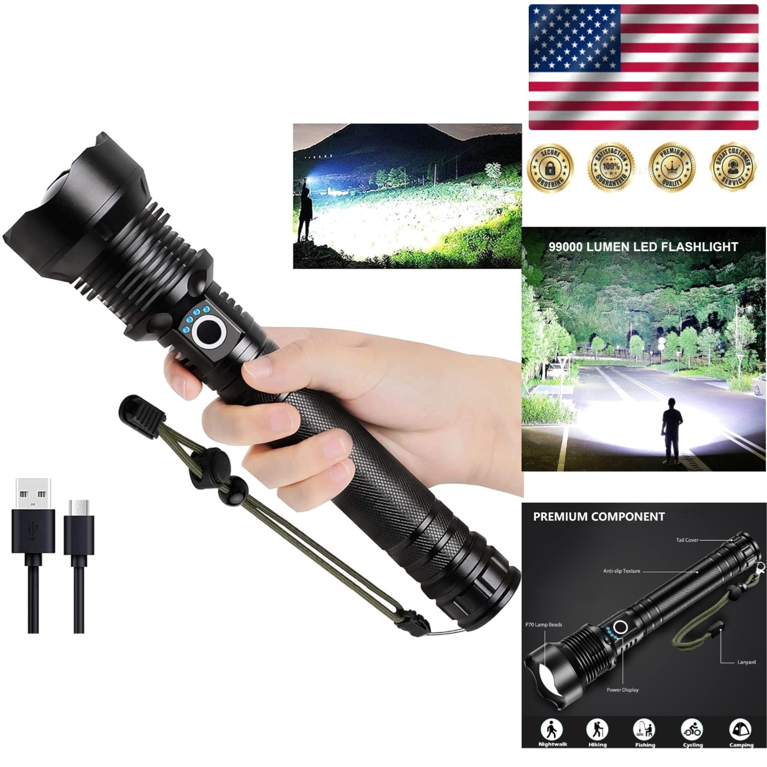 Rechargeable 99,000 Lumens Handheld Flashlight – Waterproof & Long-Lasting Power