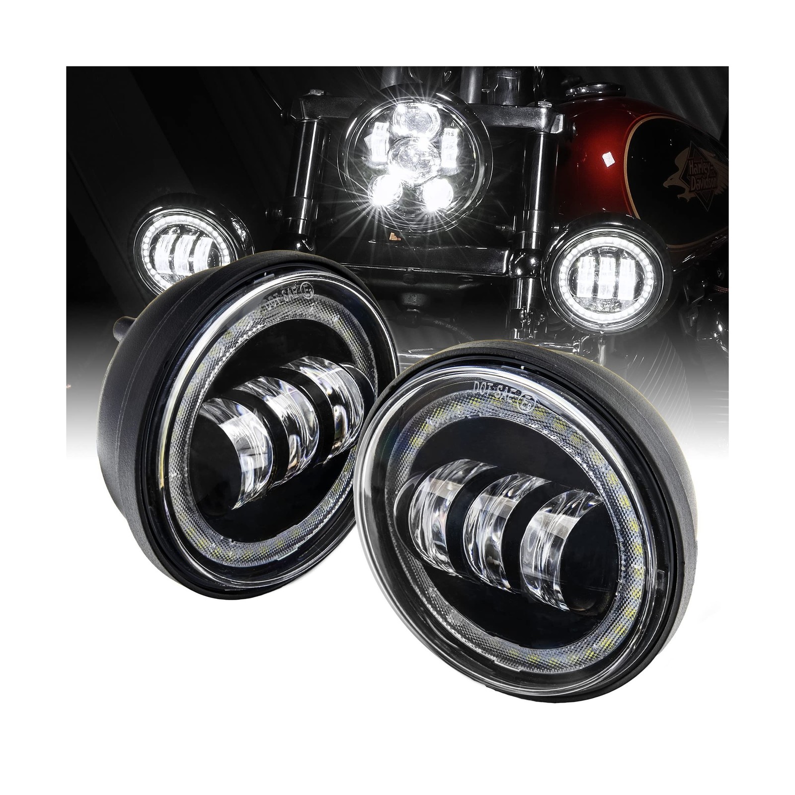 TRUE MODS 2pc 4.5″ Osram LED Harley Fog Passing Light [Halo] [Black-Finish] M…