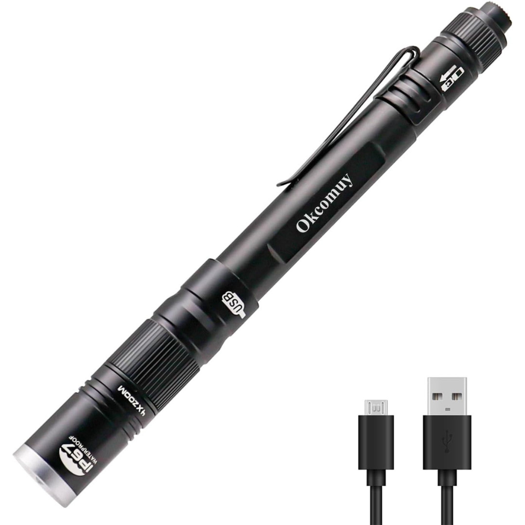 Rechargeable Pen Light Flashlight IP67 Waterproof with Pocket Clip 4-Zoomable