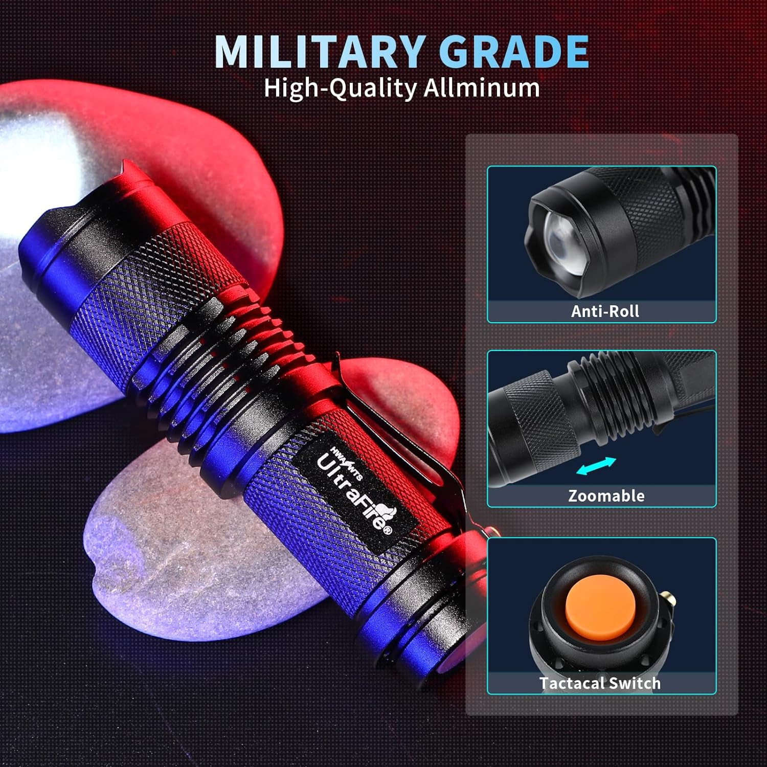 5 Pack SK68 Tactical and Small Flashlights,7W 3-Mode Pocket Torch Adjustable Foc