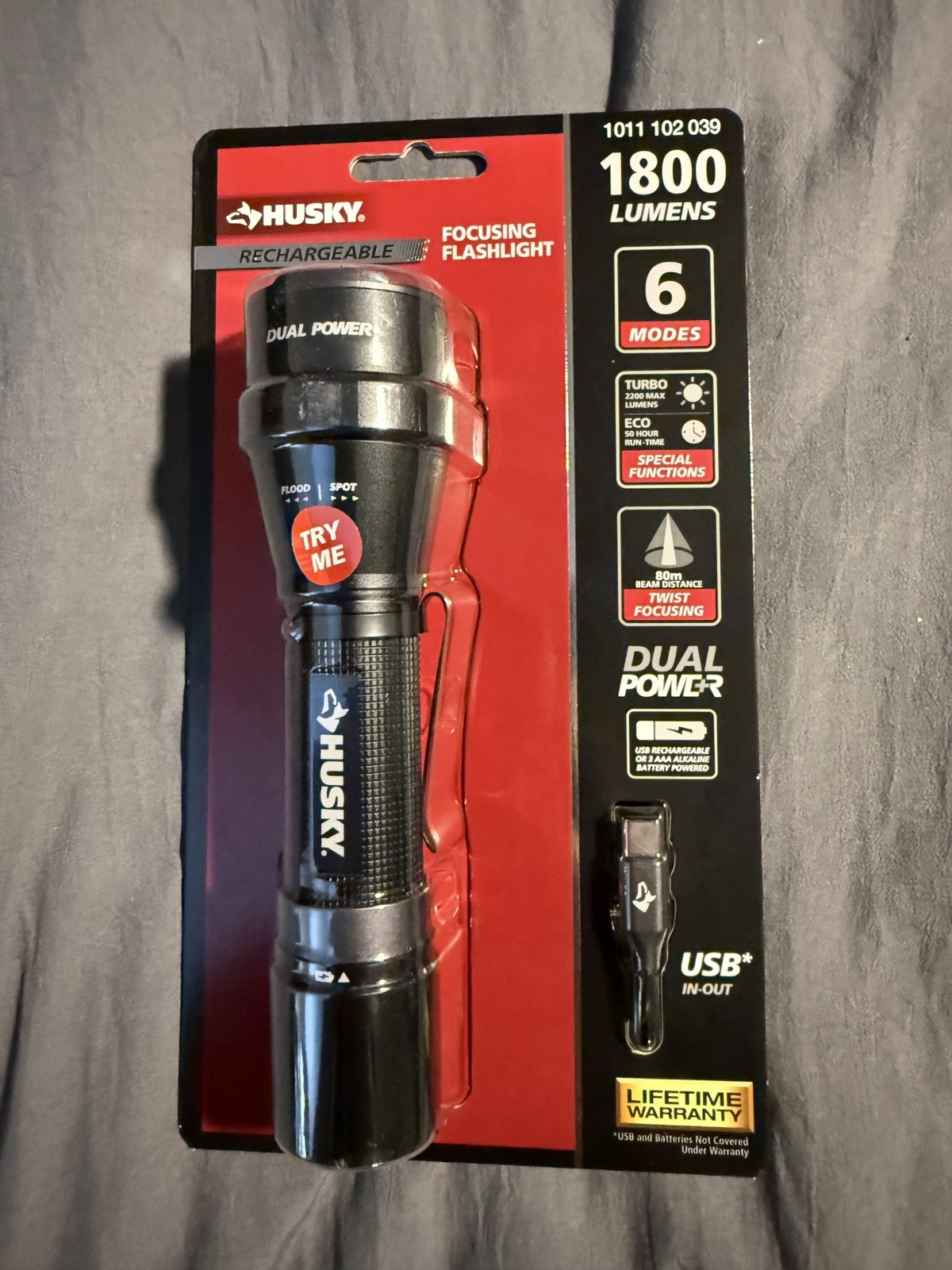 Husky 1800 Lumens Dual Power LED Rechargeable Tactical Focusing Flashlight