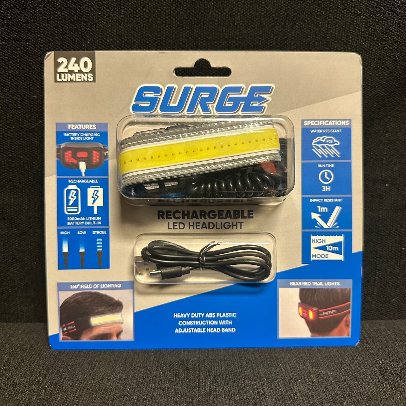 Surge 240 Lumen Rechargeable LED Headlamp, Water Resistant Adjustable HHL3100AS