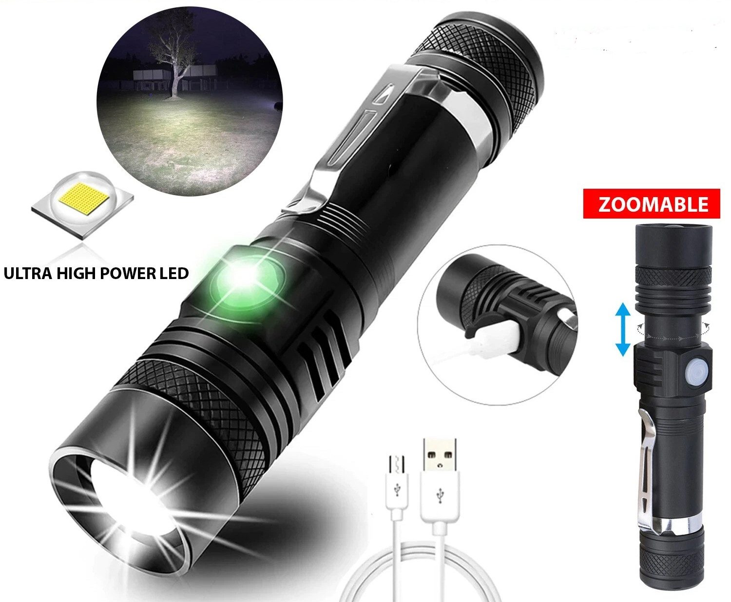 Tactical Flashlight Super Bright 90000LM LED Rechargeable Battery Zoomable Black