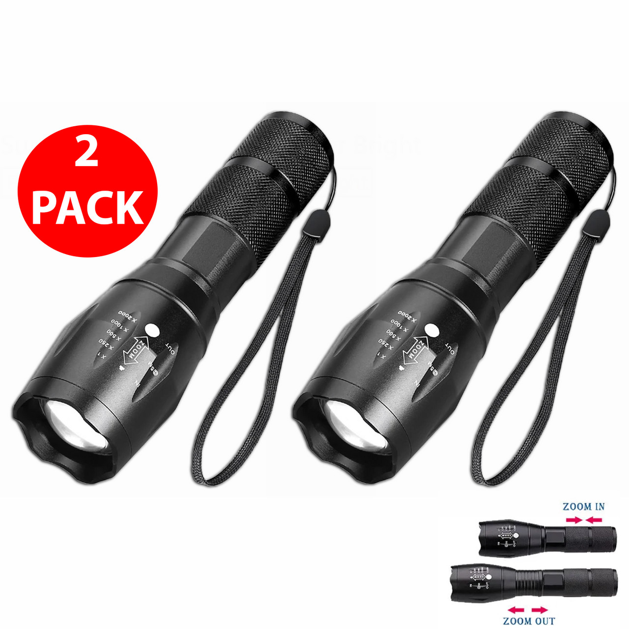 Tactical Flashlight Super-Bright 90000LM LED 5-Modes Zoomable Torch Black 2-Pack