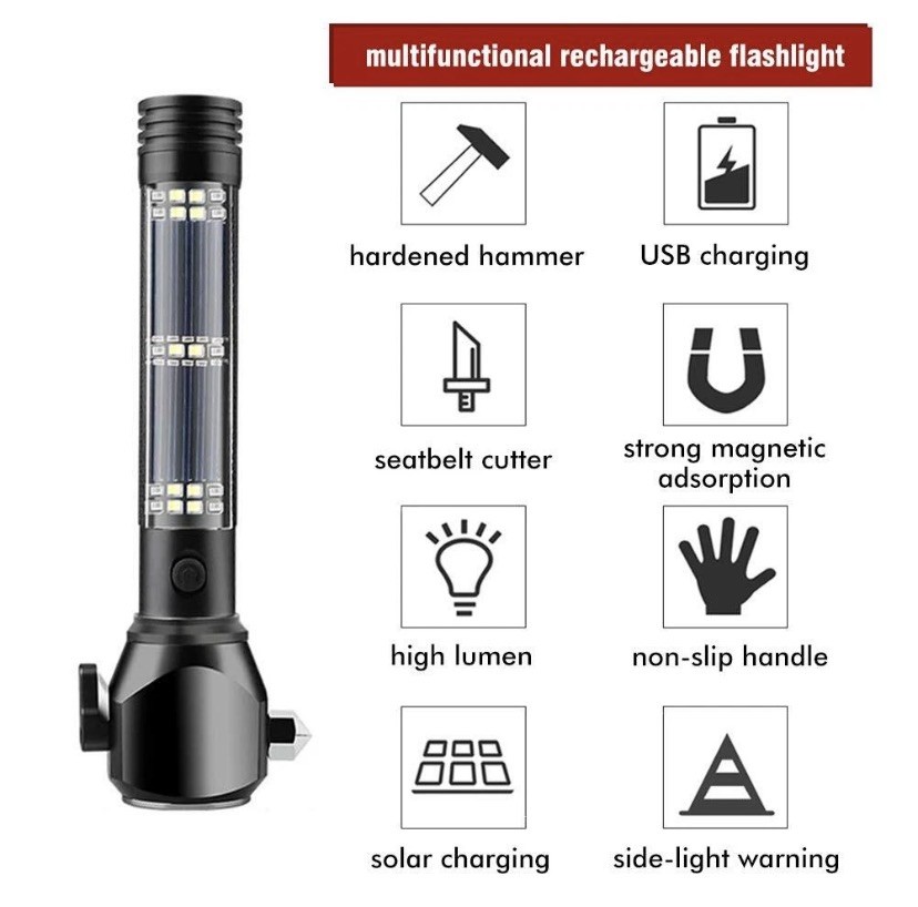8 in 1 Multi Function Flash Light,USB Rechargeable Solar Powered Flashlight