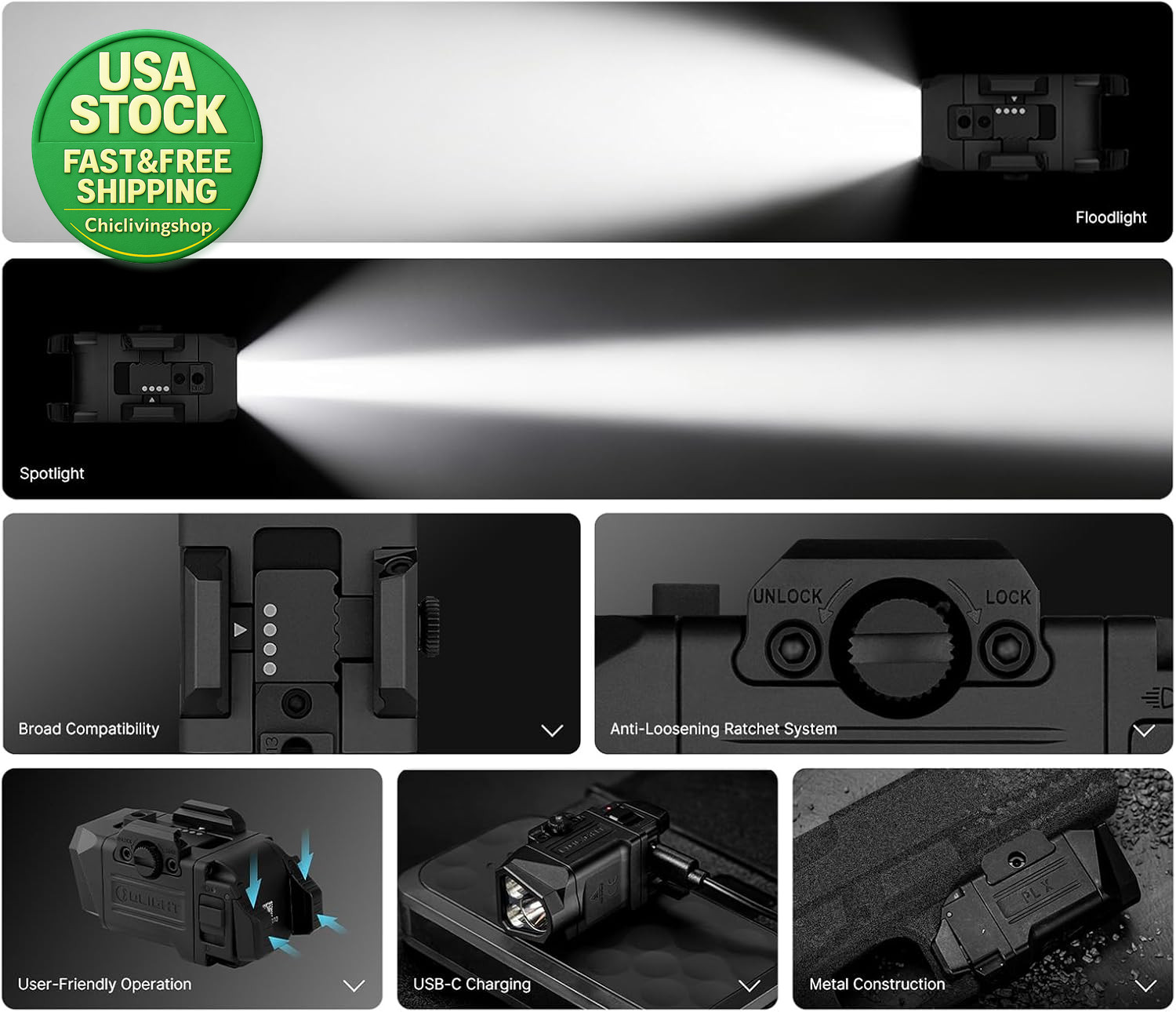 PL X Tactical Flashlight USB-C Rechargeable 1200 Lumens Spotlight Black