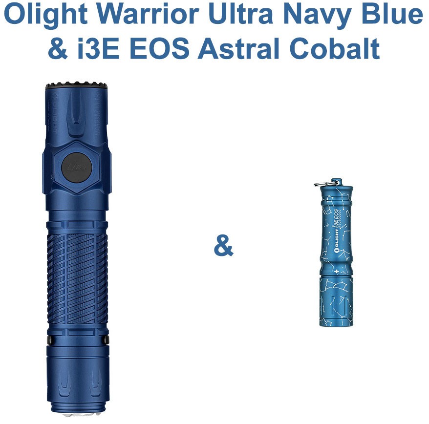 Olight Warrior Ultra Navy Blue Tactical Flashlight & I3E EOS Astral Cobalt Light