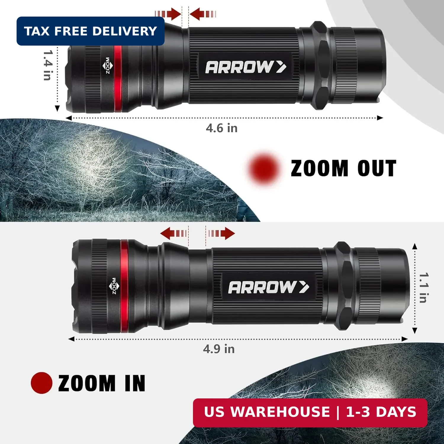 Arrow LED Flashlight 500 Lumens, Zoomable Flash Light with High-Low-Strobe Modes
