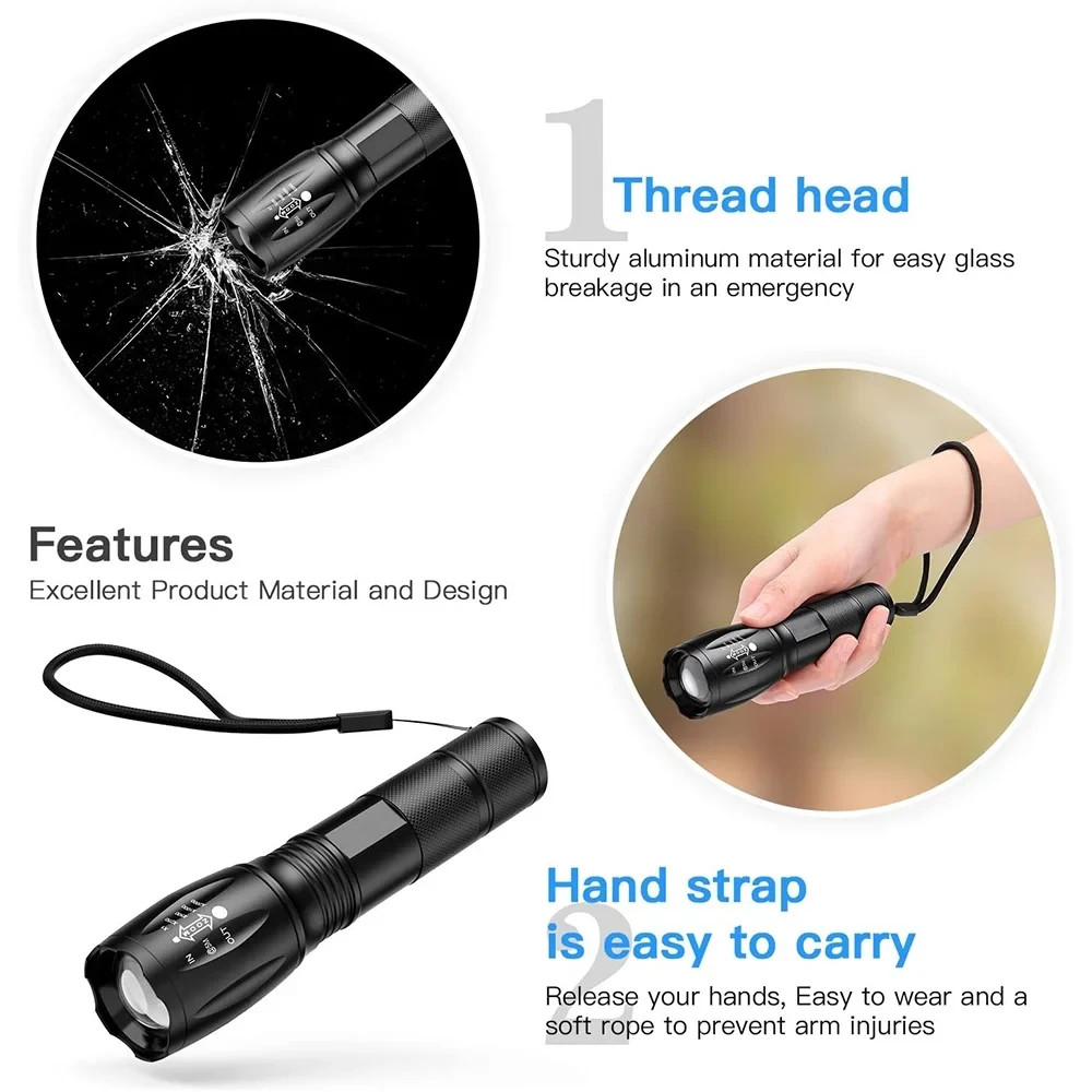 USB Rechargeable LED Flashlight 250 Lumens Zoomable 3 Modes High/Low/SOS