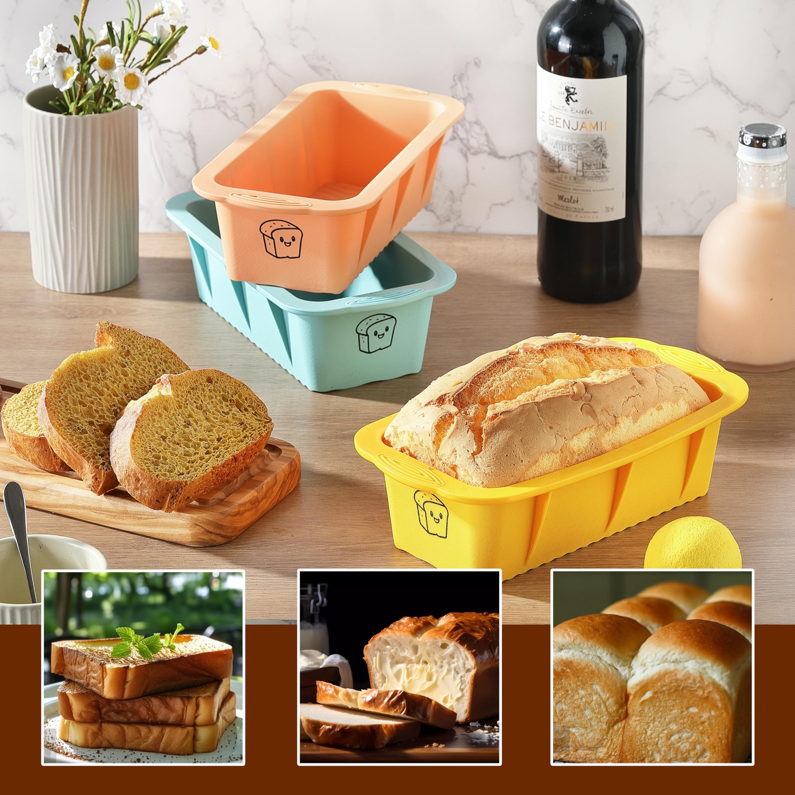 DAJLFA Silicone Bread Loaf Pan, 3 PCS 9.8*4.8, Orange Pink + Yellow + Blue