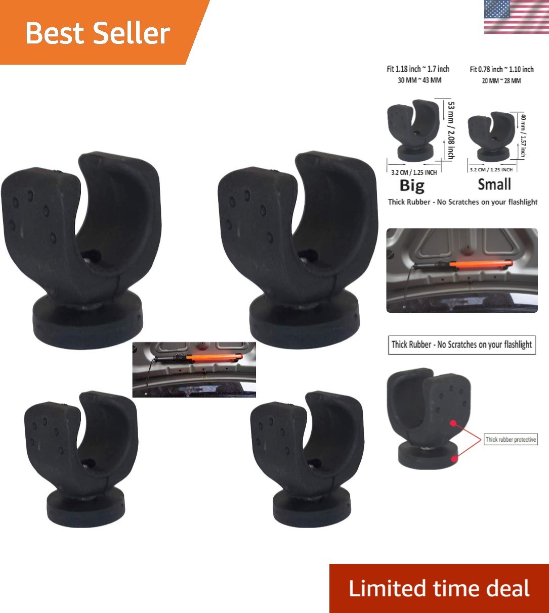 4-Pack Magnetic Base Mounts for Flashlights – Durable Rubber & Flexible Clamps